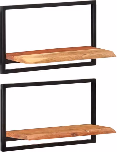 Berkfield Home Set of 2 Industrial Wall Mounted Shelves in Brown Acacia Wood and Steel, W: 60 cm, D: 25 cm, H: 35 cm – 1