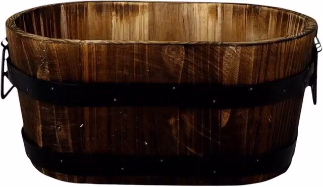 Four Candle Natural Wooden Oval Planter with Metal Bands and Handles in Brown, W/D/H: 30.0 x 18.0 x 14.0 cm