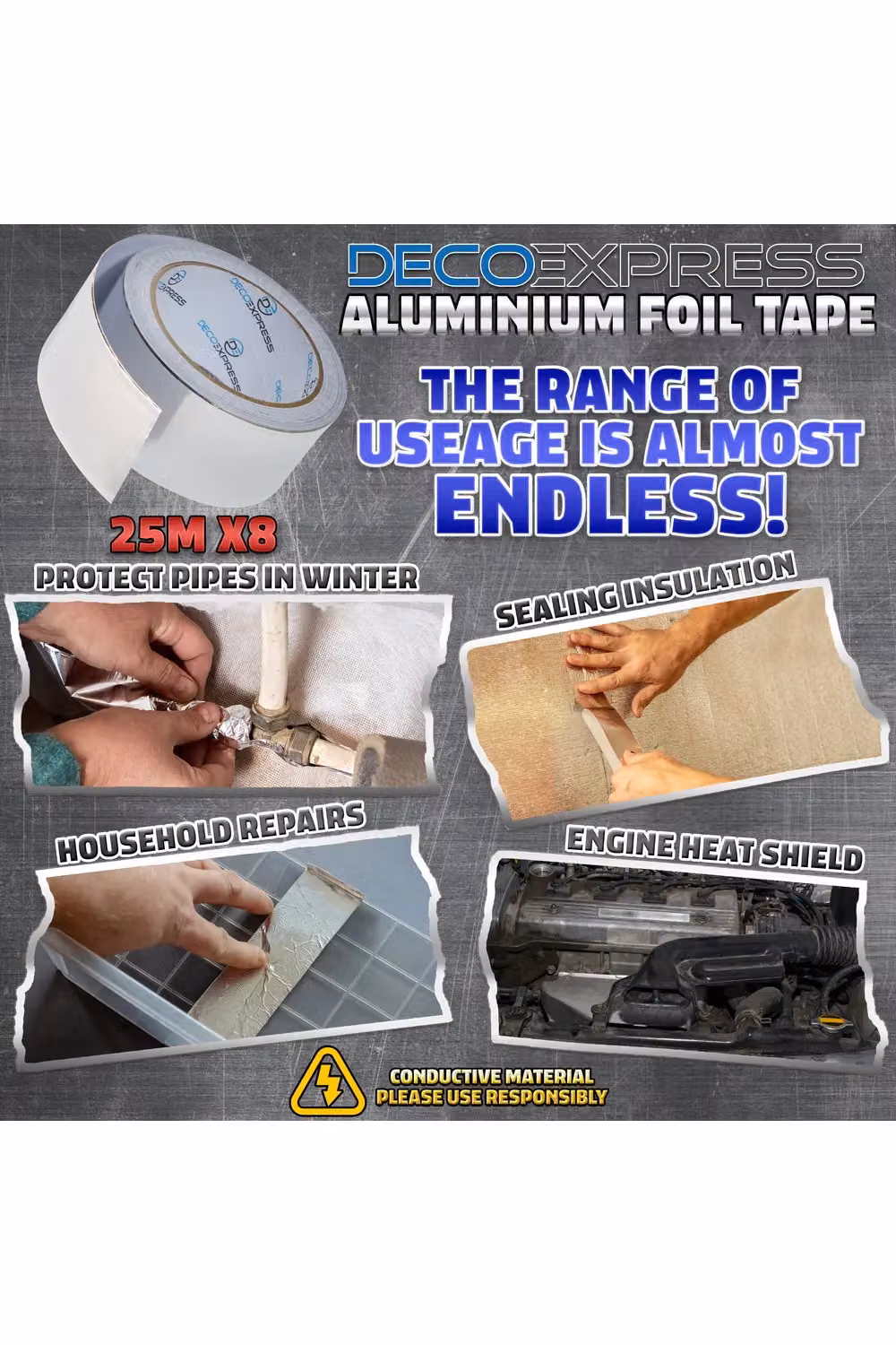 Deco Express Silver Aluminium Foil Insulation Tape, Width: 4.5 cm, 8 Rolls of 25 m – 7