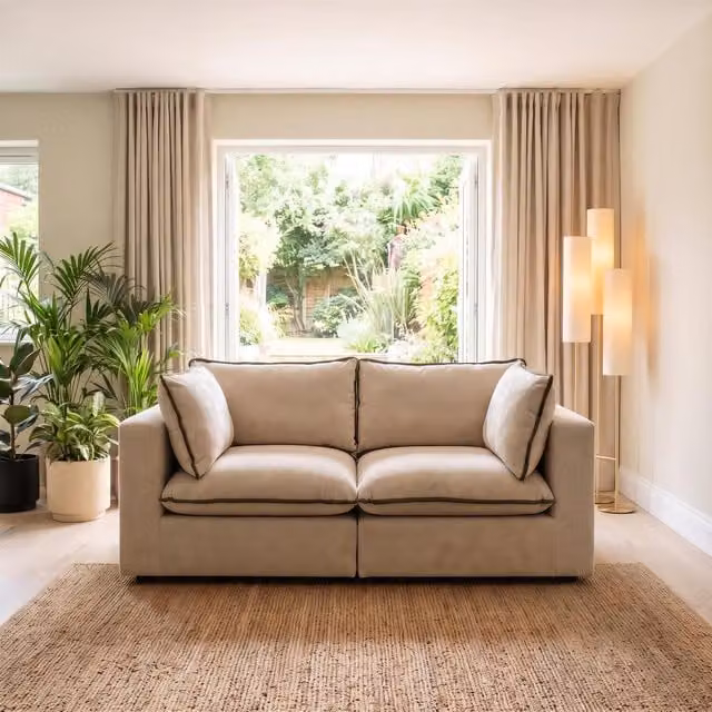 Furniturebox UK Echo 2 Seater Modular Sofa in Beige and Green Linen-Look Fabric