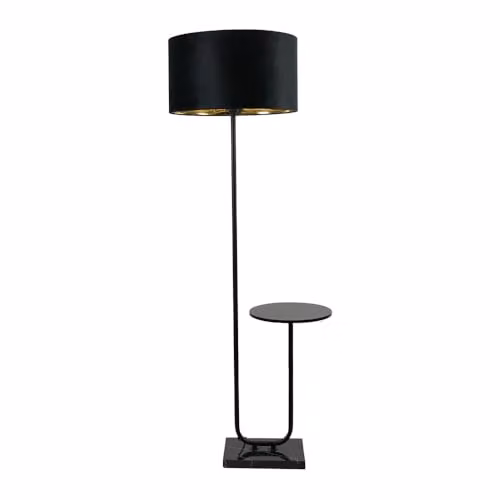 ValueLights Tavel Modern Metal Floor Lamp with Table, Black Velvet and Gold Inner Shade, and Warm White Bulb