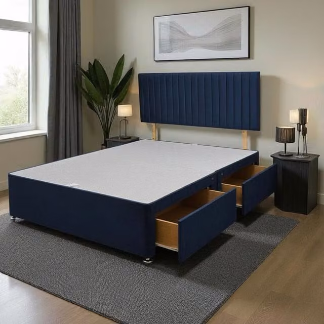 Knight Sleep Emily Divan Bed Base with 2 Drawers and Headboard in Blue Velvet