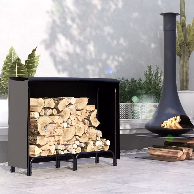 Outsunny 4FT Metal Firewood Rack with Canvas Carrier Cover in Black