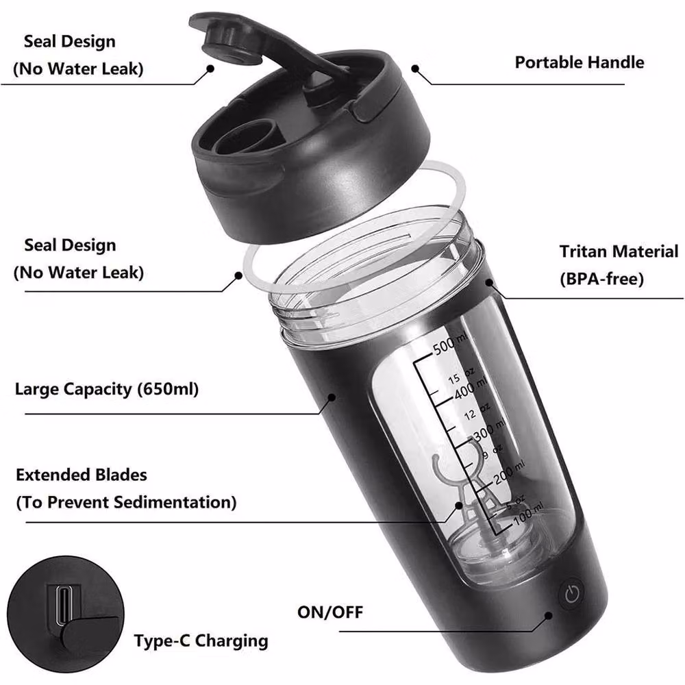 FLAVORA Portable Electric Protein Shaker Blender, 650ml, Black – 3