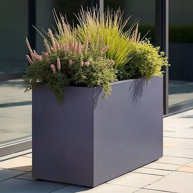 Idealist Set of 2 Narrow Rectangular Garden Trough Planters in Slate Grey Stone Effect, W: 40 cm, D: 20 cm, H: 20 cm