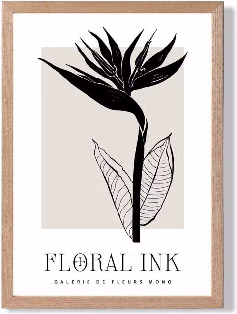 ARTZE Bird of Paradise Floral Ink Sketch Framed Print, Beige Oak Frame, A3