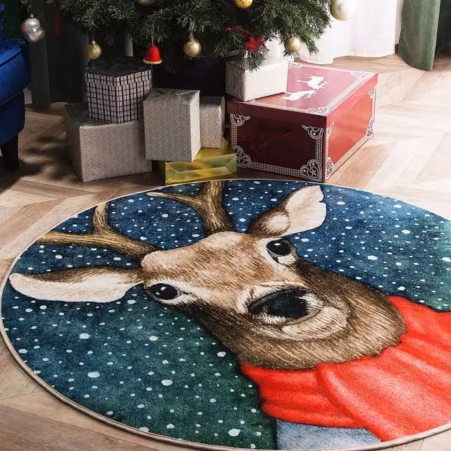 Wyld and Coco Round Multicolour Reindeer Christmas Rug, Diameter: 120 cm