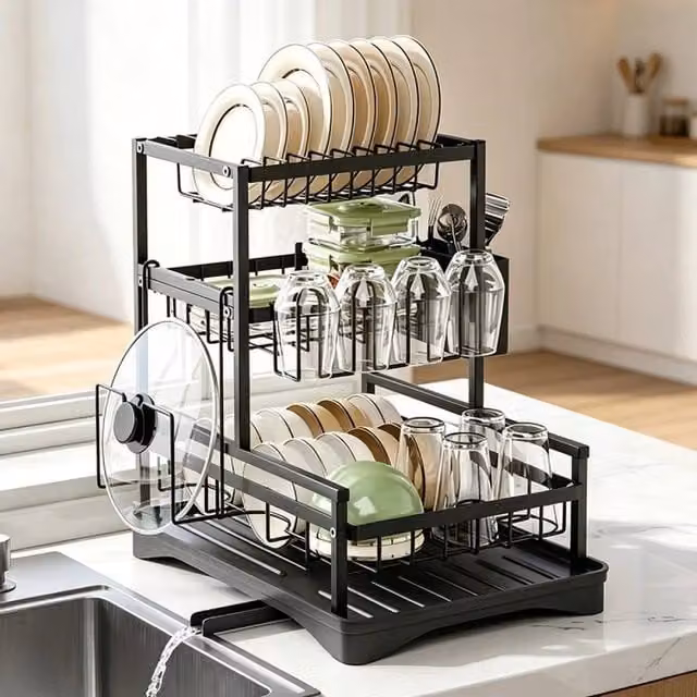 PAWNORA 3 Tier Metal Kitchen Sink Dish Drainer Rack in Black – 1