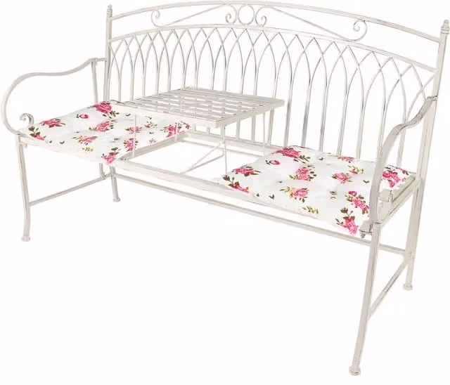Dibor Vintage Large Cream Arched Outdoor Garden Companion Seat Bench with Pink Seat Cushions