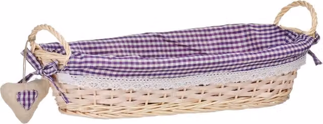 Orsina Oblong Handwoven Natural Wicker Basket with Purple Gingham Fabric Lining