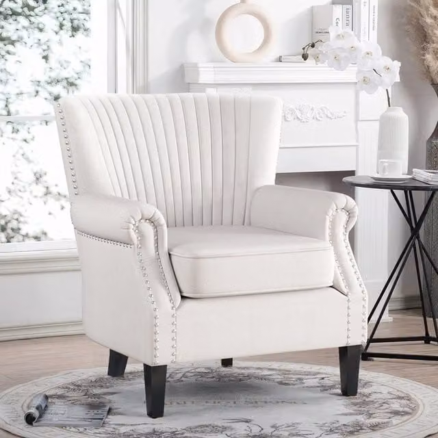 Livingandhome Art Deco Tub Accent Chair with Solid Rubberwood Frame and Armrests in Beige