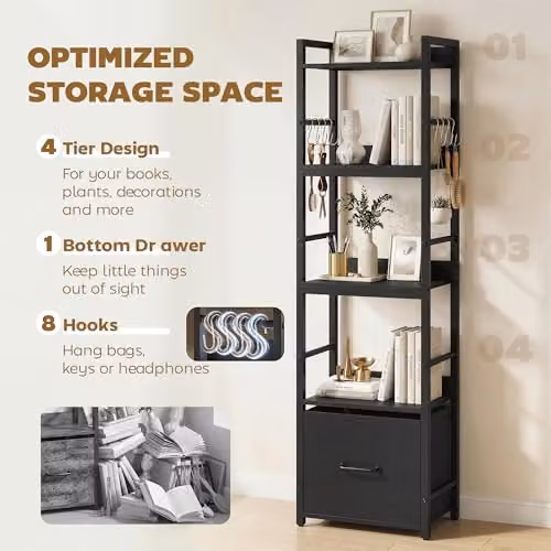 HOMCOM 4-Tier Bookshelf with Drawer and 8 Hooks, Black, W: 39 cm, D: 26 cm, H: 136.5 cm – 4