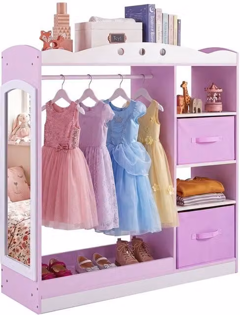 CASART Kids Dress Up Storage Wooden Wardrobe Closet with Full Length Mirror and Integrated Drawers, Pink – 1