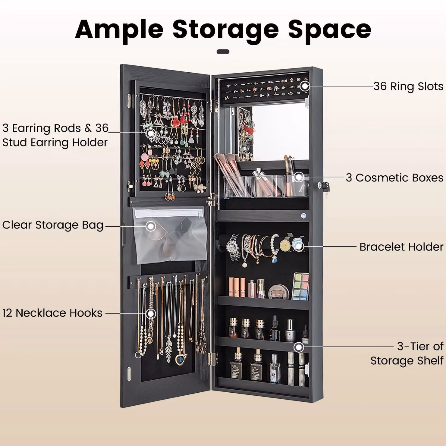 Costway Lockable Jewelry Mirror Cabinet with 3-Colour LED Lighting, Black, Height: 108 cm – 2
