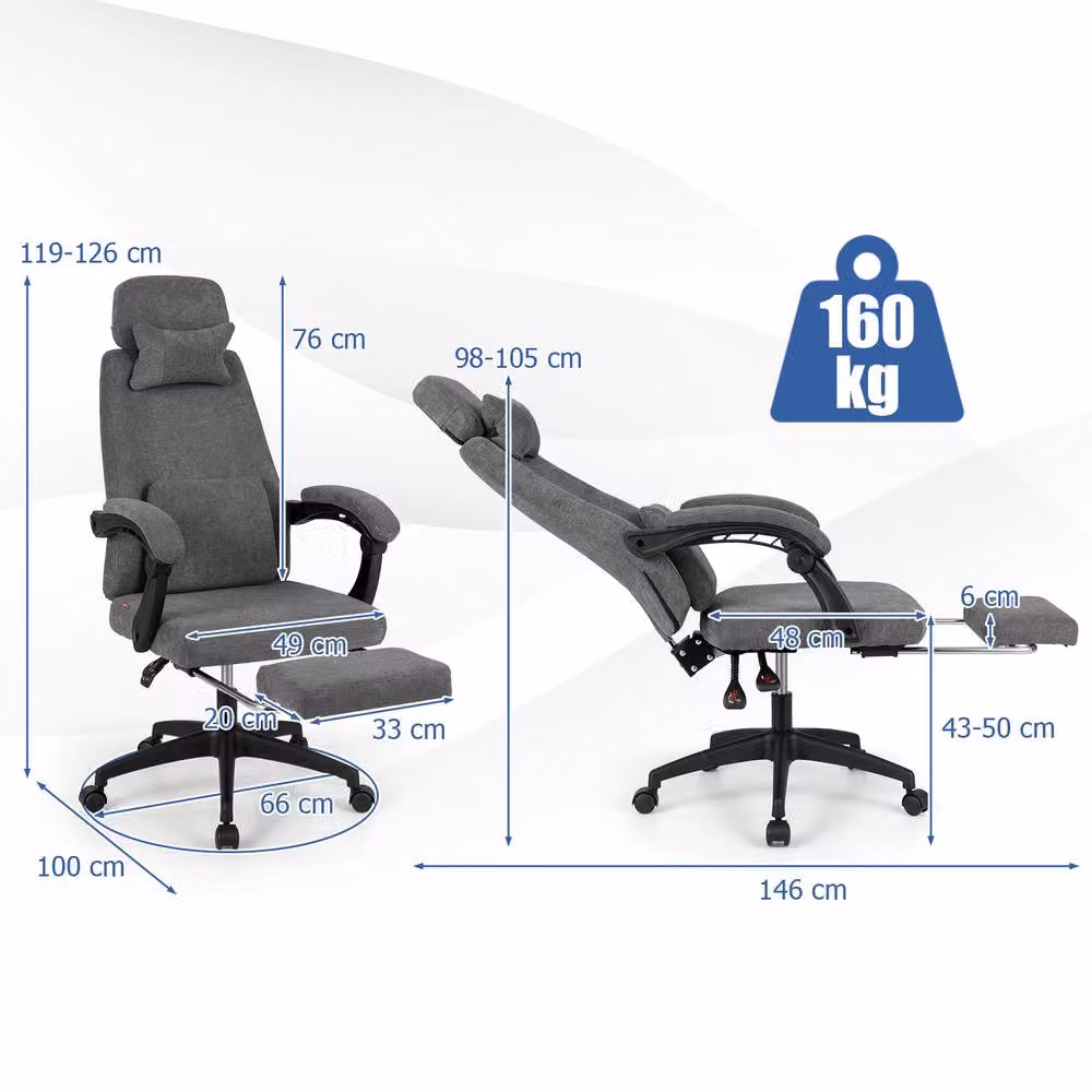 Costway Grey Chenille Fabric Upholstered Reclining Executive Office Chair with Headrest and Armrests – 2