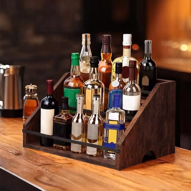 Toque Freestanding 2-Tier Countertop Wine and Bottle Rack in Brown and Black Wood and Metal