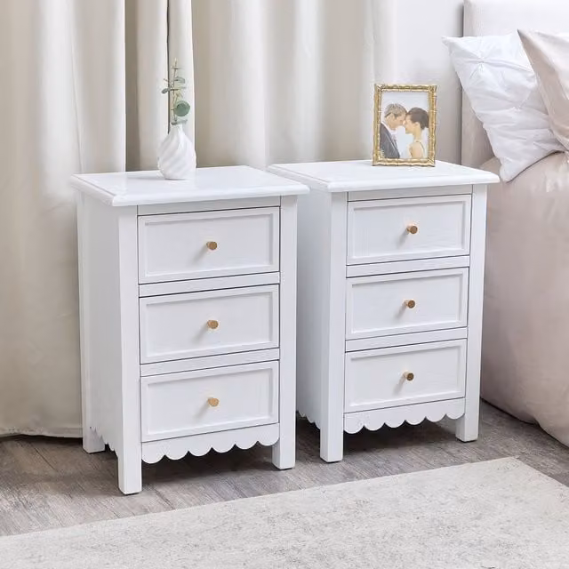 Melody Maison Staunton White Pair of Scalloped 3 Drawer Bedside Tables with Gold Details