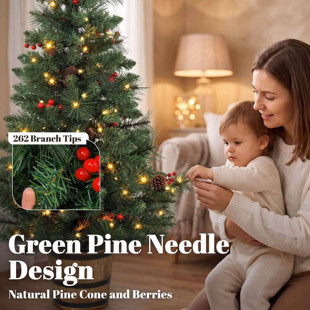 HOMCOM Set of 2 Prelit Christmas Trees with Dual-Colour LED Lights and Red Berries, Green, Height: 122 cm – 6