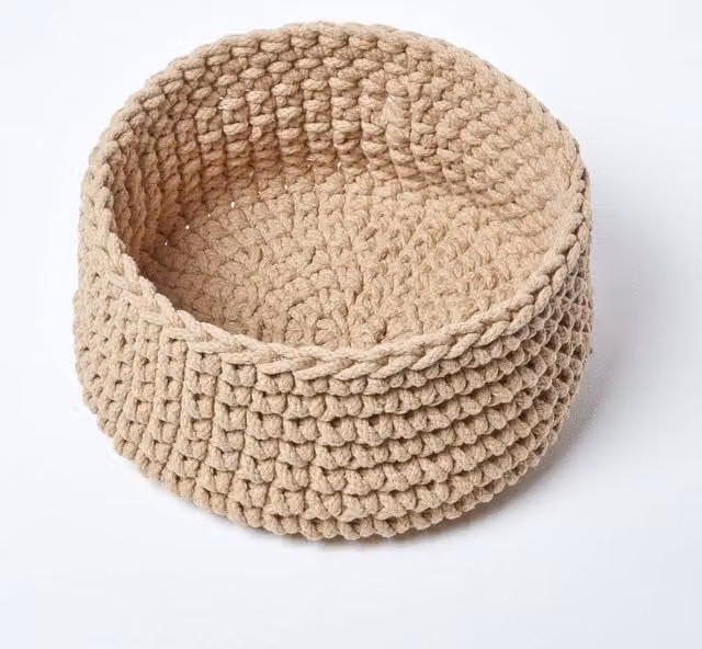 Homescapes Open Weave Cotton Knitted Round Storage Basket, 29l, Beige, Green or Yellow