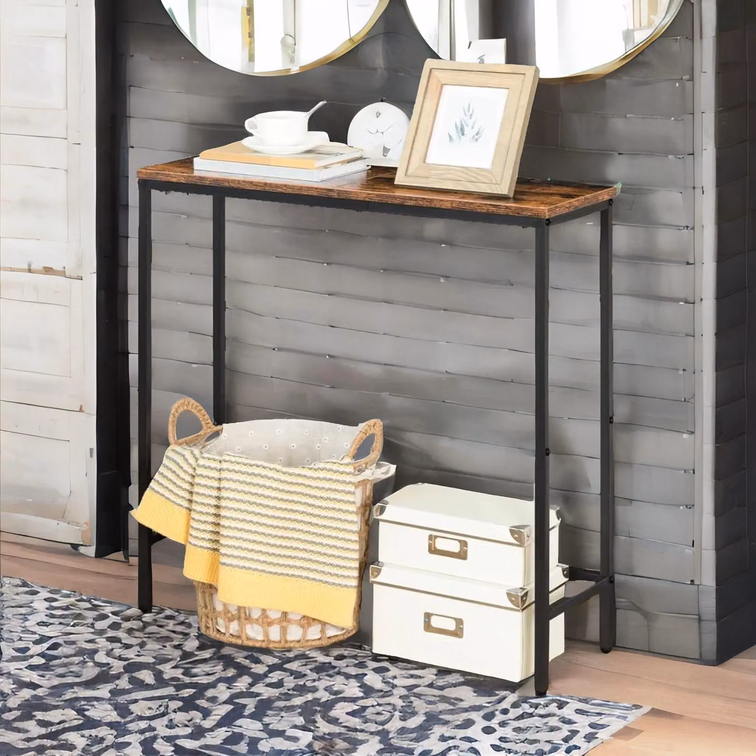 Rafaelo Mobilia Slim Industrial Console Table for Hallway in Brown and Black, W/D/H: 100 x 24 x 75 cm – 3
