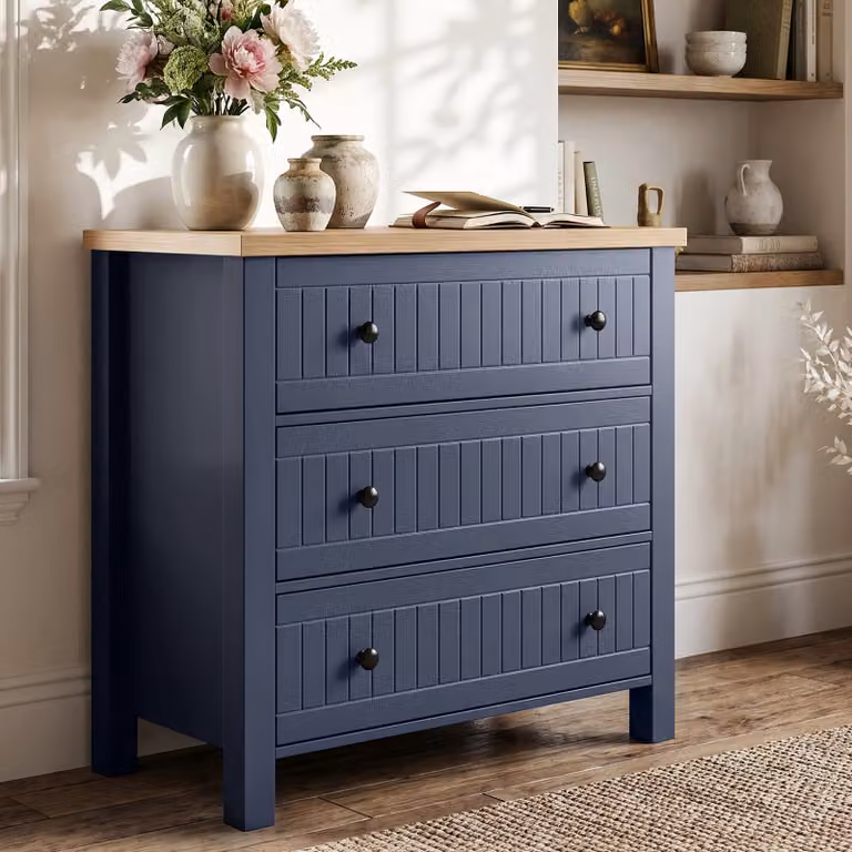 DHS Linra 3 Drawer Chest of Drawers in Blue and Black with Oak Effect Top, H 83 cm x W 80 cm x D 42 cm