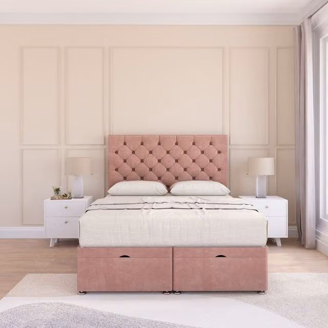 Sloomy Mayfair Pink Plush Fabric Ottoman Bed with Sprung Memory Mattress and 26 Inch Headboard, Single, W/D/H: 90 x 200 cm