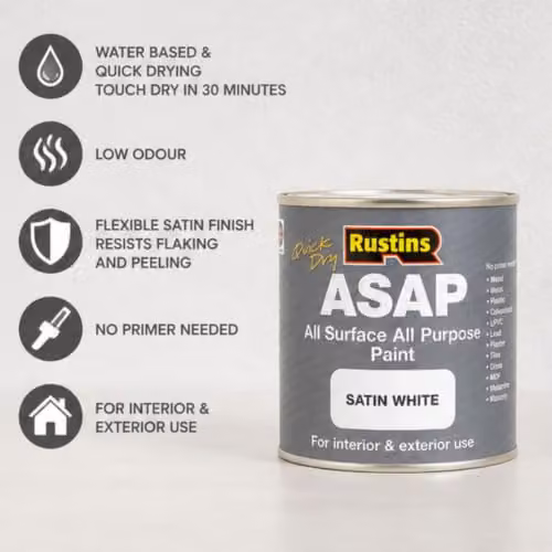 Rustins ASAP Quick Dry All Surface All Purpose Water-Based Satin Paint, White, 500 ml – 3