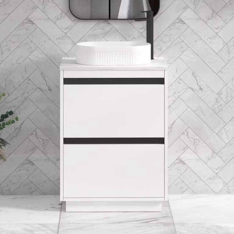 Royal Bathrooms Orion 600mm Matt White Floor Standing Countertop Vanity Unit with Lyon Basin and Black Accent Trim