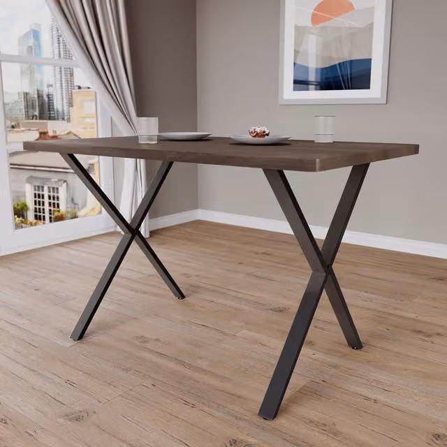 Vida Designs Industrial Rectangular Kitchen Dining Table with X-Frame Legs in Walnut and Brown