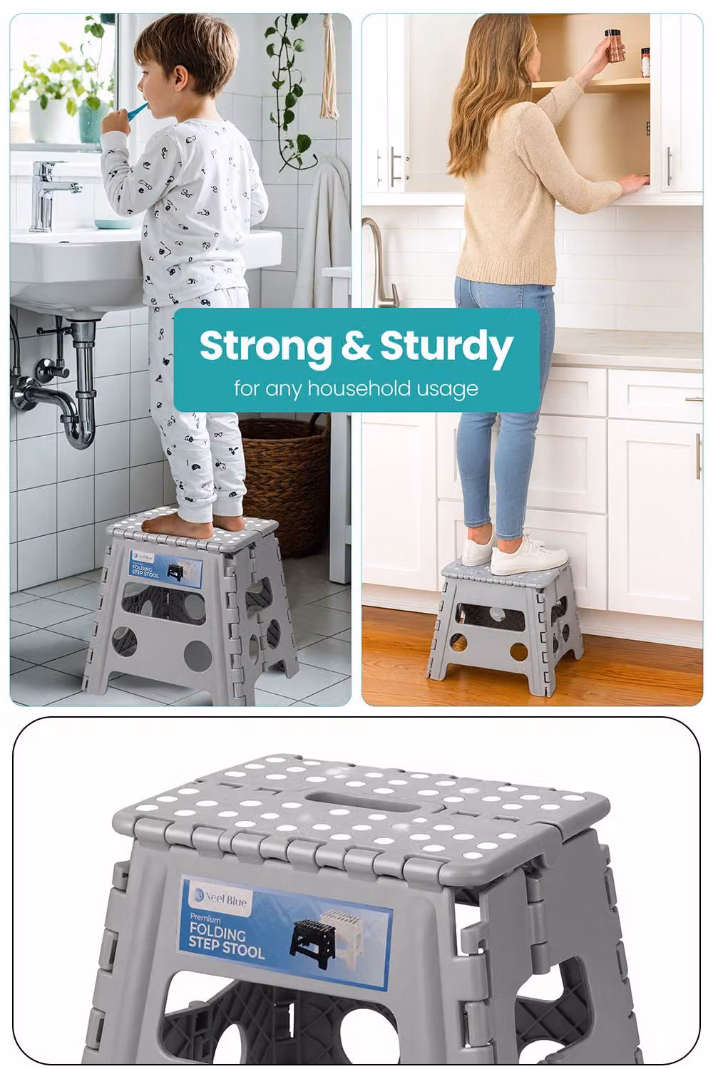 Neel Blue Heavy-Duty Folding Plastic Step Stool with Carry Handle in Light Grey – 3
