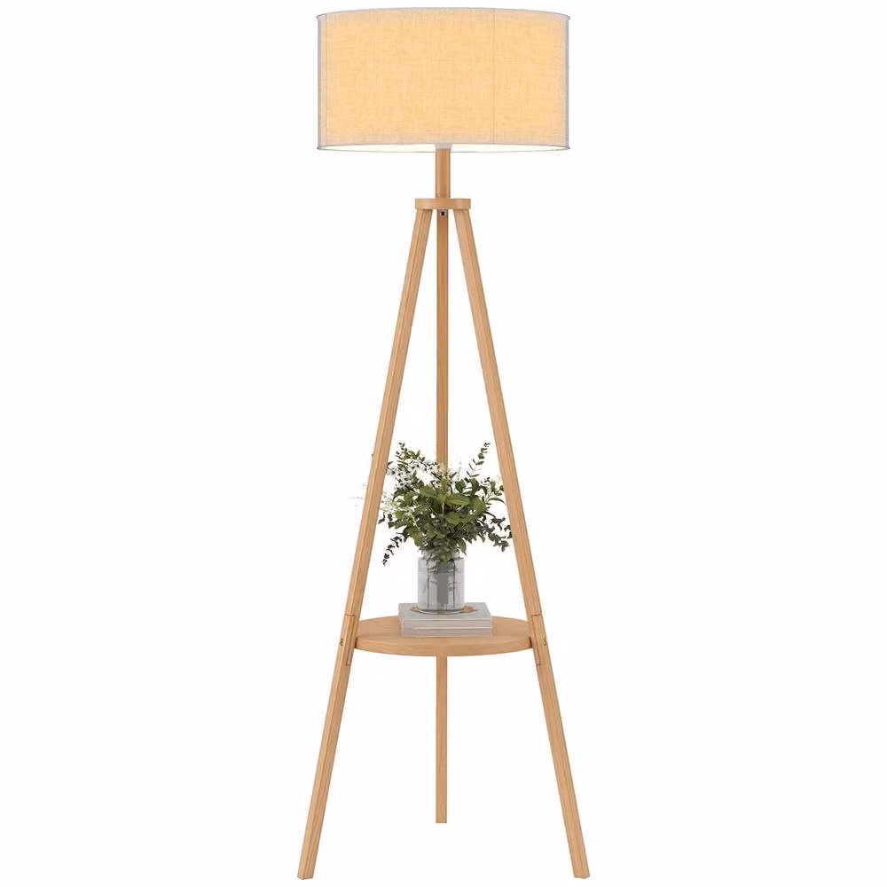 HOMCOM Tripod Bedside Lamp with Beige Linen Shade and Wood Storage Shelf, Height: 45.72 cm – 2