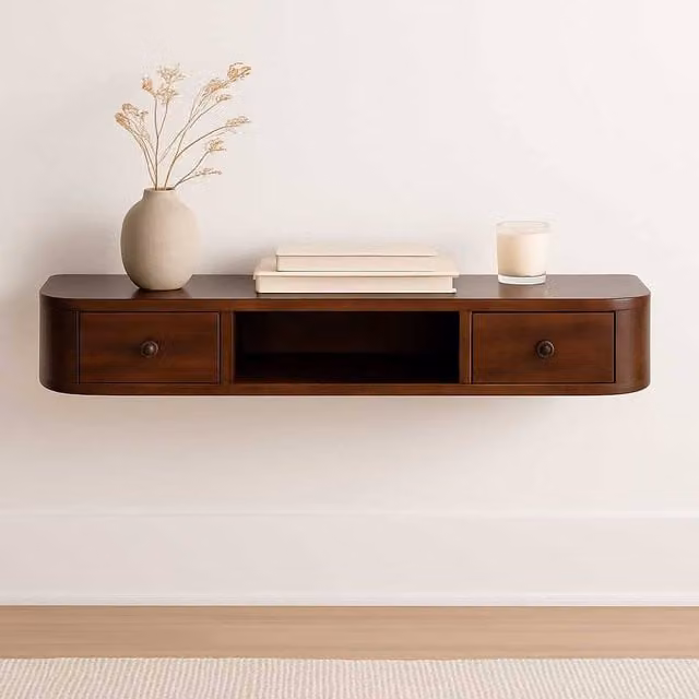 STILVORA Classic Wall-Mounted Mango Wood Console Table with 2 Drawers in Brown