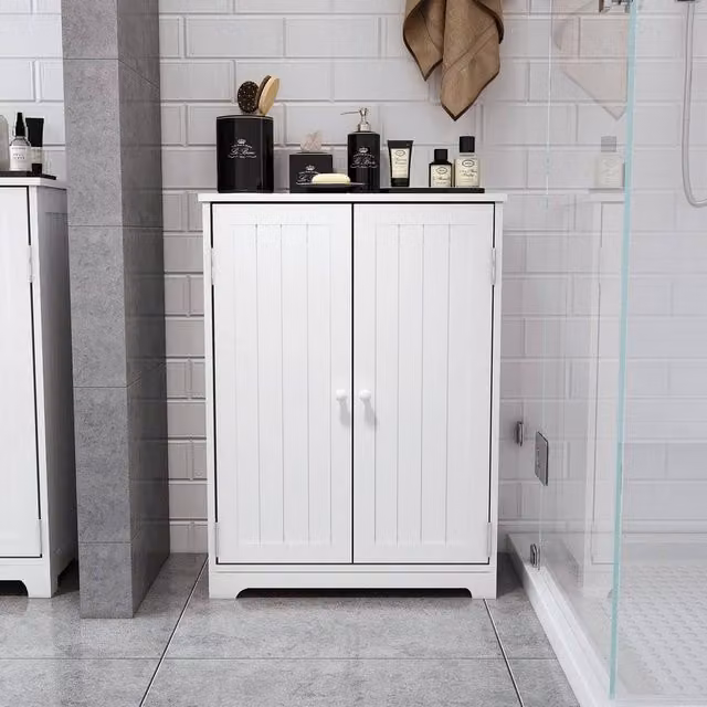 KORVIXA White Glossy Bathroom Cabinet Sideboard with Hinged Doors and Internal Shelves – 1