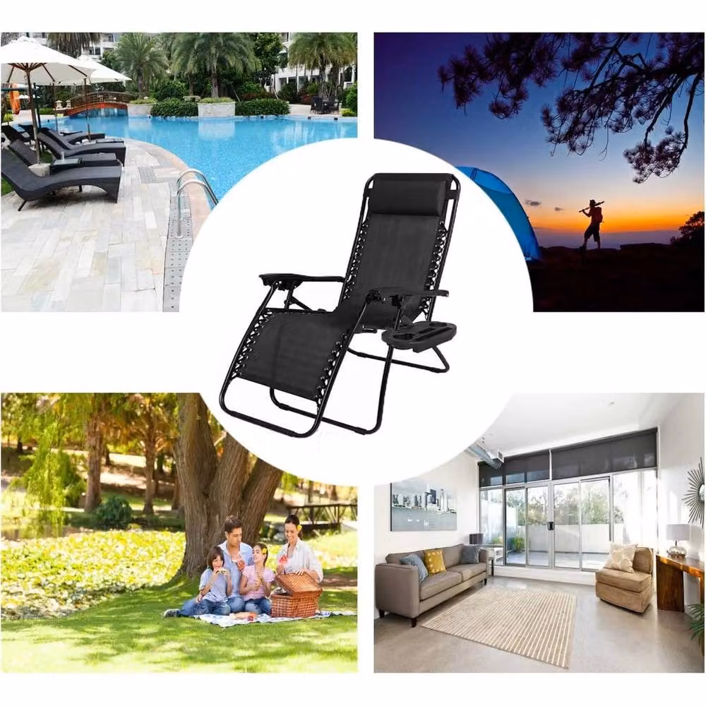 FLAVORA Portable Black Textilene Sun Lounger Chair with Adjustable Headrest – 2