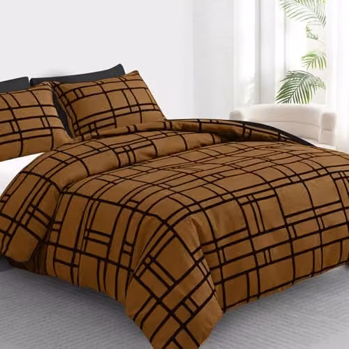 Pamposh Double Duvet Set, Reversible Brushed Microfibre 3-Piece Bedding Set with Graphic Design and Zipper Closure, Black and Brown, Duvet Cover 200 x 200 cm and Pillowcases 50 x 75 cm – 3