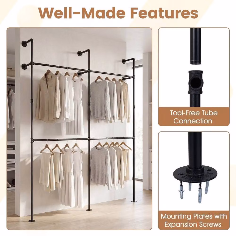Hinsinc Wall Mounted Black Metal Garment Organizer Continuous Linear Rail W/D/H: 227 x 32 x 32 cm – 3