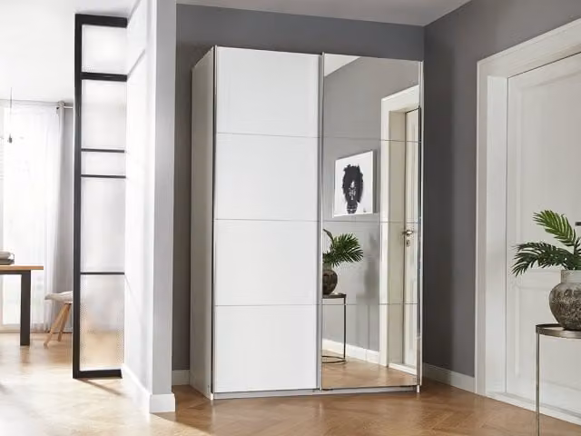 Rauch Quinn Modern Sliding Door Wardrobe in White with Glass Doors, W/D/H: 136 x 0 x 210 cm