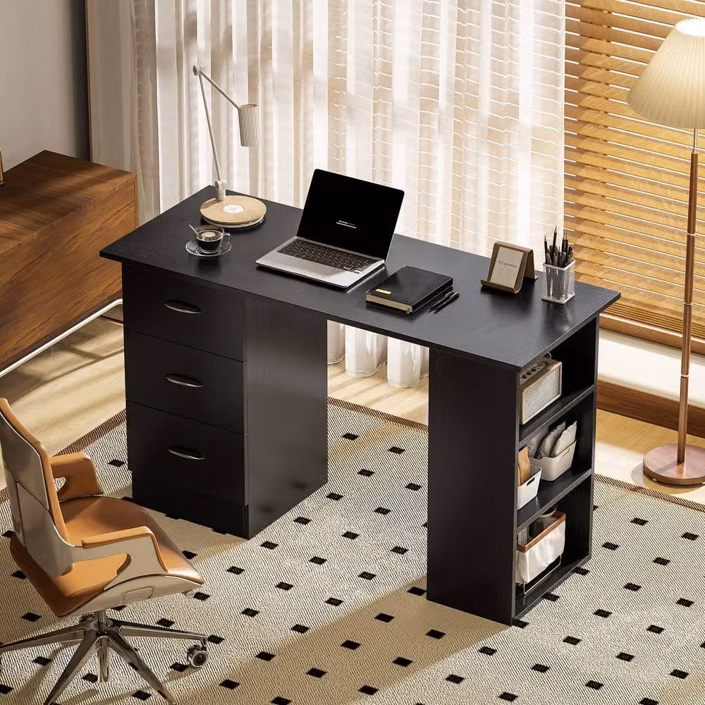STILVORA Black Modern Writing Desk with Drawers and Open Shelves – 3