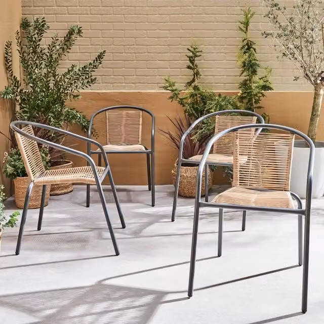 sweeek Set of 4 Modern Garden Armchairs in Matt Dark Grey Steel and Resin