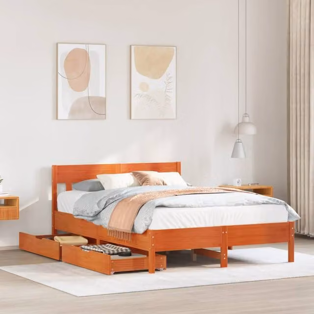 Berkfield Home King Size Solid Wood Pine Bed Frame with Drawers, Wax Brown, W: 150 cm, D: 200 cm – 1