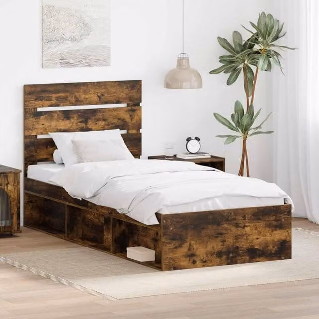 Berkfield Home Modern Bed Frame with Headboard in Smoked Oak and Brown Solid Pine Wood, W/D/H: 90 x 200 cm – 1