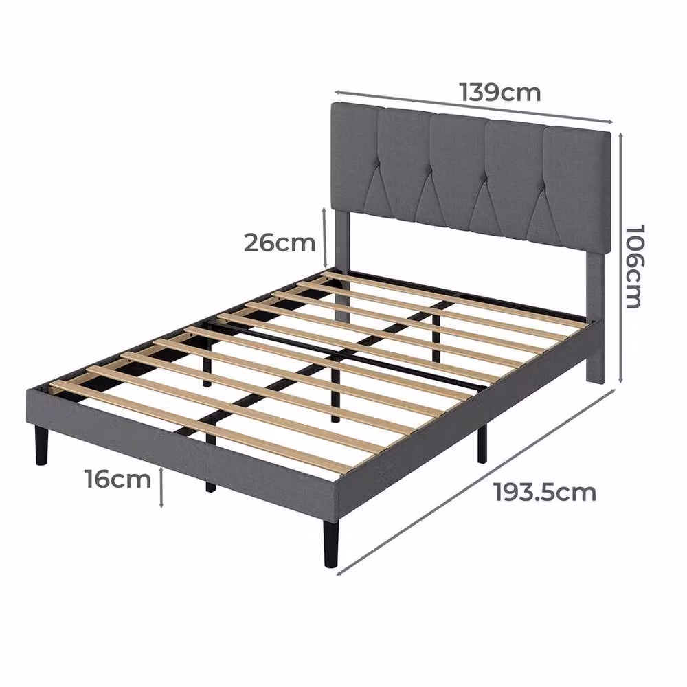 EONLION Upholstered Linen Double Bed Frame in Grey, W/D/H: 140 x 200 cm – 2