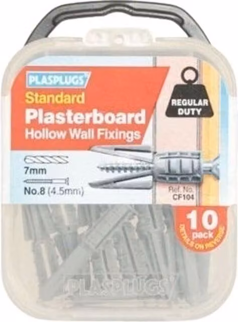 PLASPLUGS Regular Duty Grey Plasterboard Cavity Anchor Fixings, Pack of 10