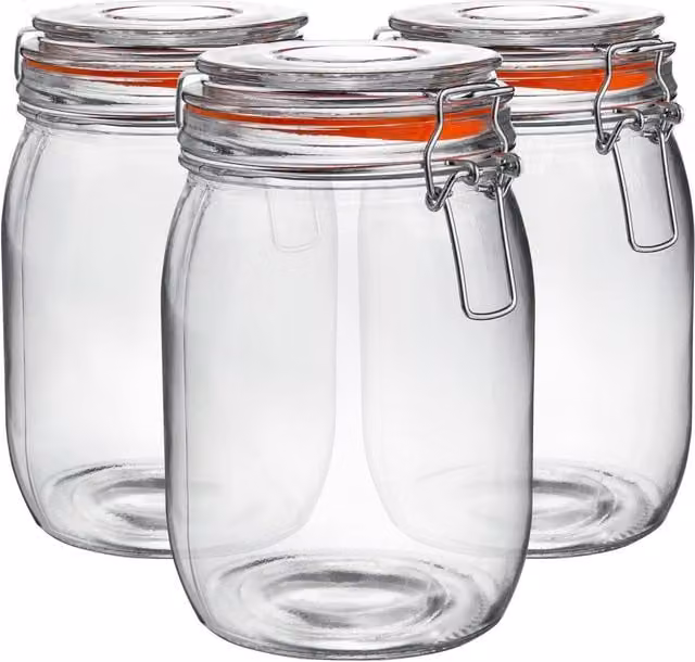 Argon Tableware Transparent Glass Storage Jar with Orange Silicone Seal and Stainless Steel Clip, 1 l (Set of 3)