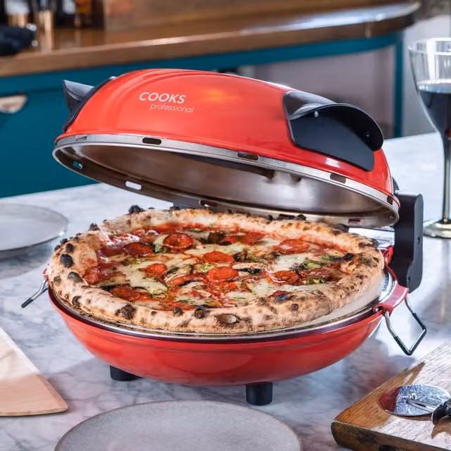 Cooks Professional Authentic Stone Baked Pizza Maker Oven with Timer in Red