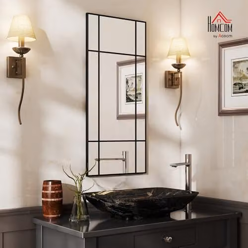 HOMCOM Window Style Rectangular Wall Mirror in Black, W: 110 cm, H: 50 cm – 2