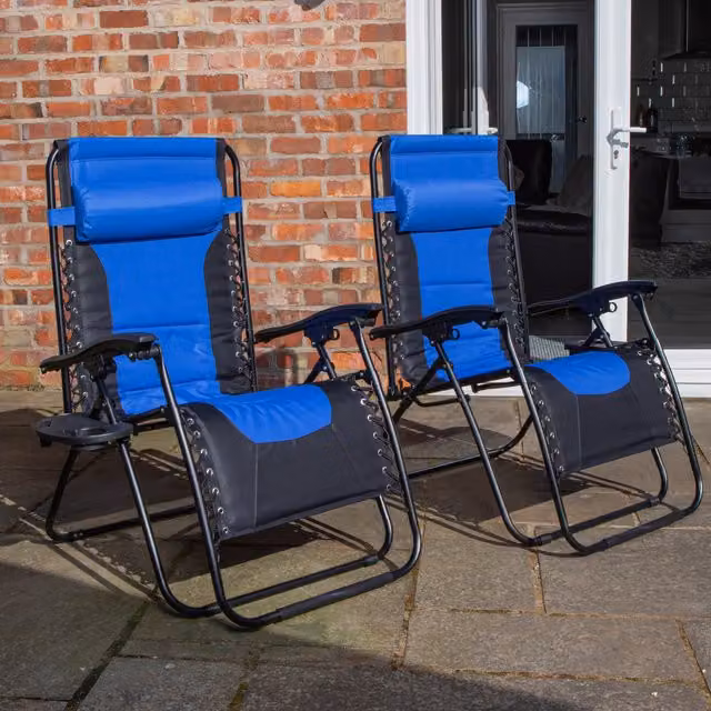 Samuel Alexander Set of 2 Luxury Padded Multi Position Zero Gravity Garden Relaxer Lounger Chairs in Blue and Black – 1