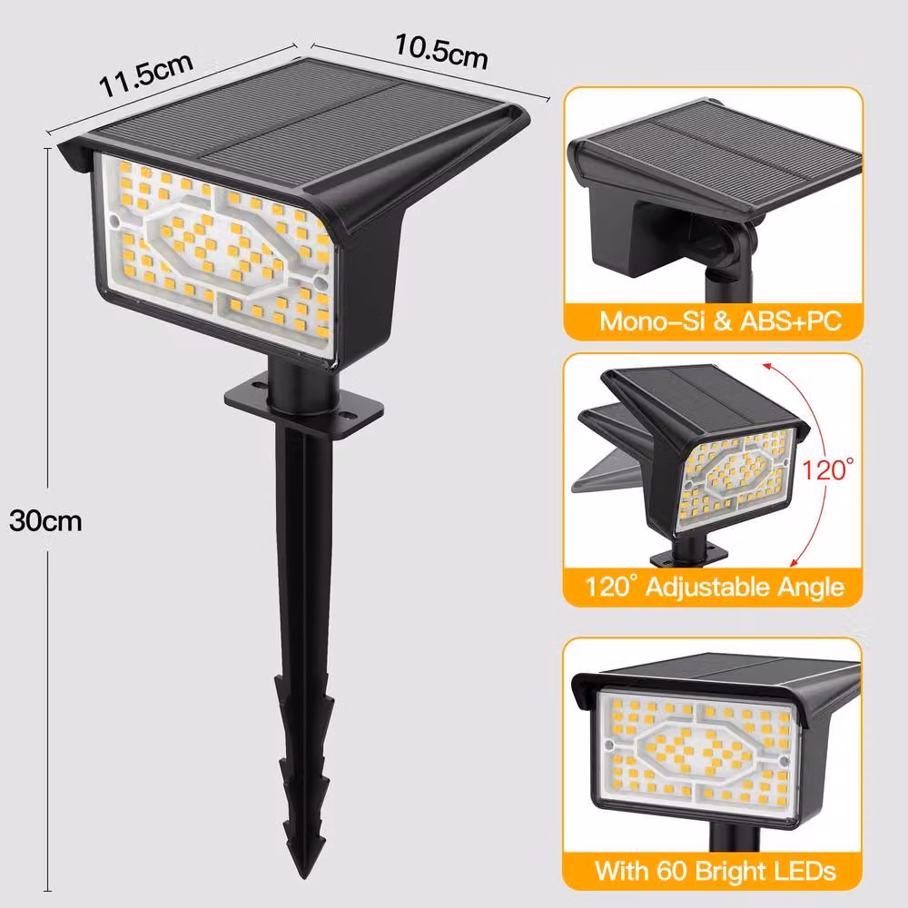 Ollny Solar Garden Stake Lights, 2 Pack, Warm White 3000K, IP65 Waterproof, Adjustable, Black – 2