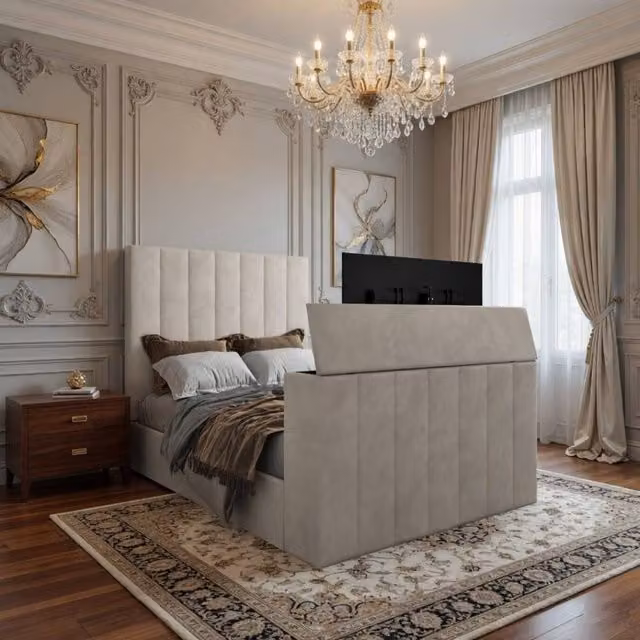 KDMD Argyll Bespoke Upholstered Velvet Bed Frame with Lift Up Base and Underbed Lighting in Light Sand, Small Double (120 x 200 cm)