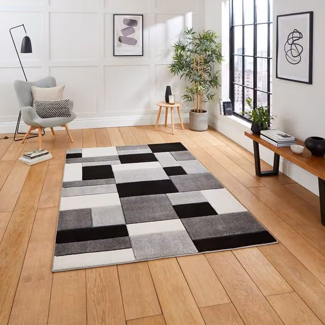 Terrys Modern Geometric Rectangular Rug in Grey and Black